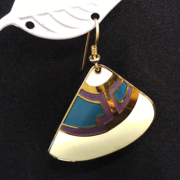Laurel Burch White Purple Blue Enamel Fan Earrings, Gold Plated Cloisonne, 1980s - Picture 2 of 10